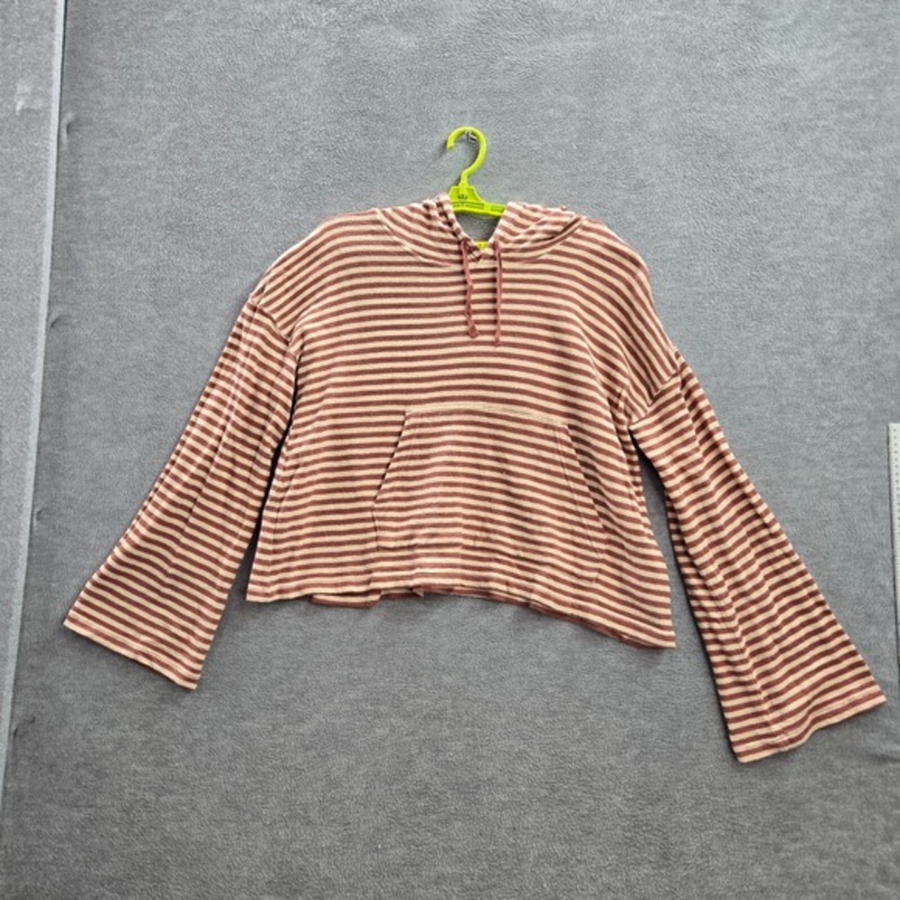 Roxy Women Sweatshirt Large Red Striped‎ Cropped Hoodie Bell Sleeve